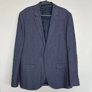 Classic Linen Men's Blazer, Chambray Blue Slim Fit Size 44R, with Elbow Patches
